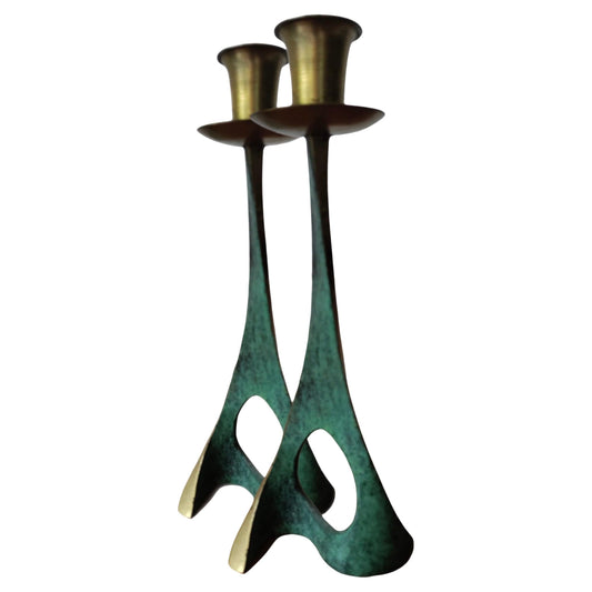 Frisman Vintage 50s Pair Vintage Pal Bell Abstract Modernist Brass Verdigris CandleHolder Israel