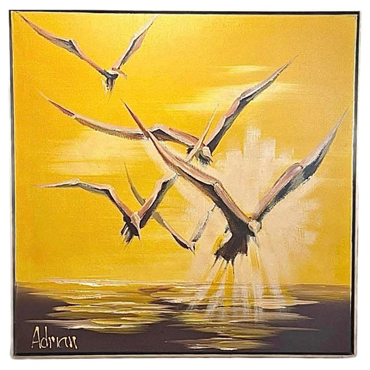 Frisman Vintage Dramatic Mid Century Modern Adrian Nautical Seagull Bird Framed Signed Painting