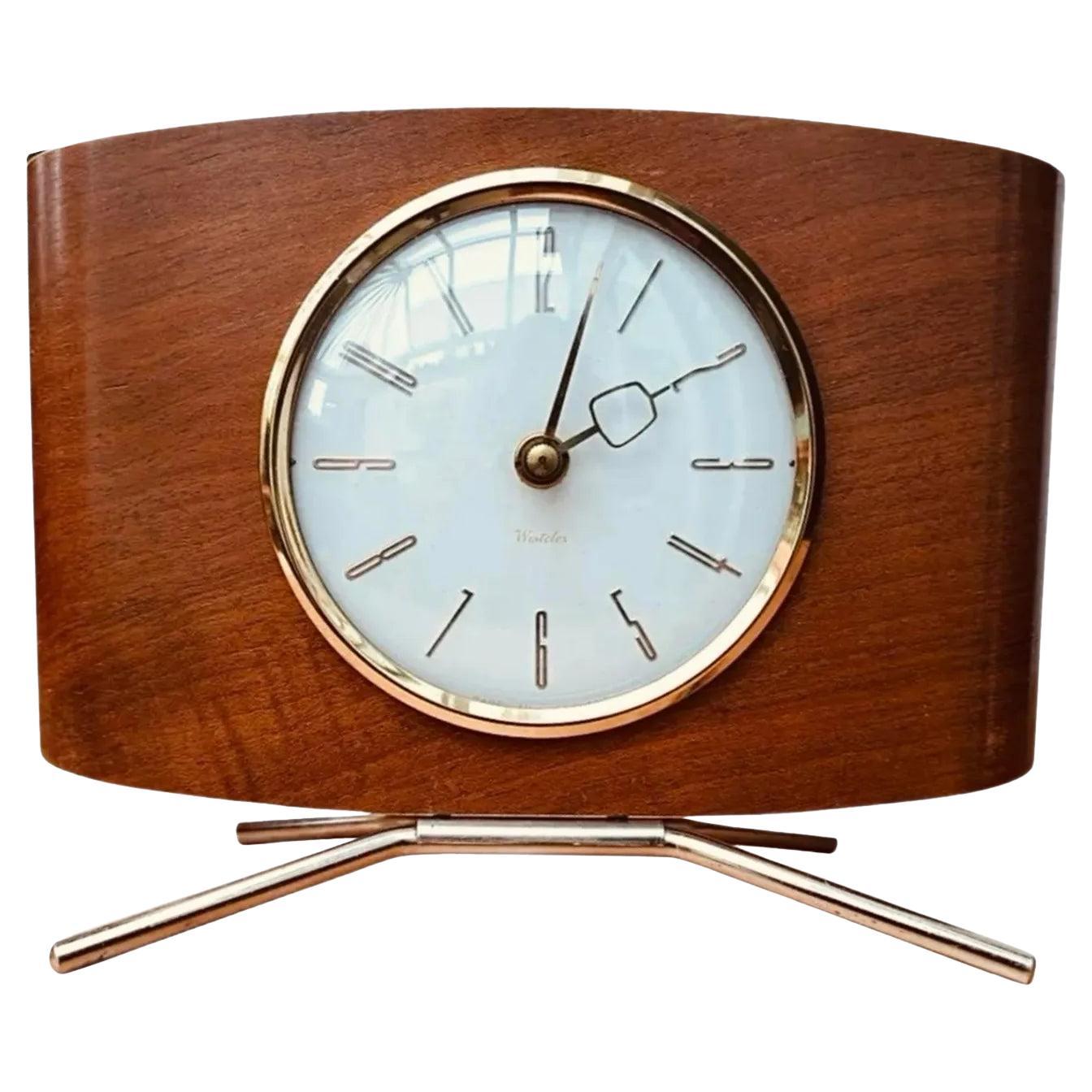 Frisman Vintage Atomic Mid Century Teak Danish Modern European Westclox Pedestal Mantel Clock