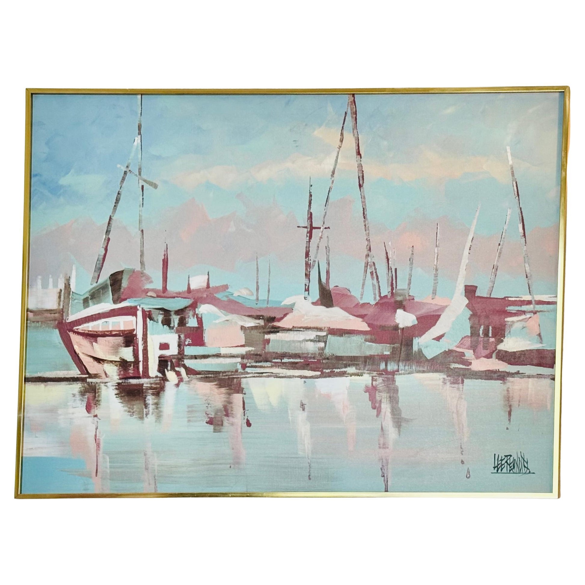 Frisman Vintage Lee Reynolds Abstract Nautical Impressionist Painting Boats in Harbor at Dusk