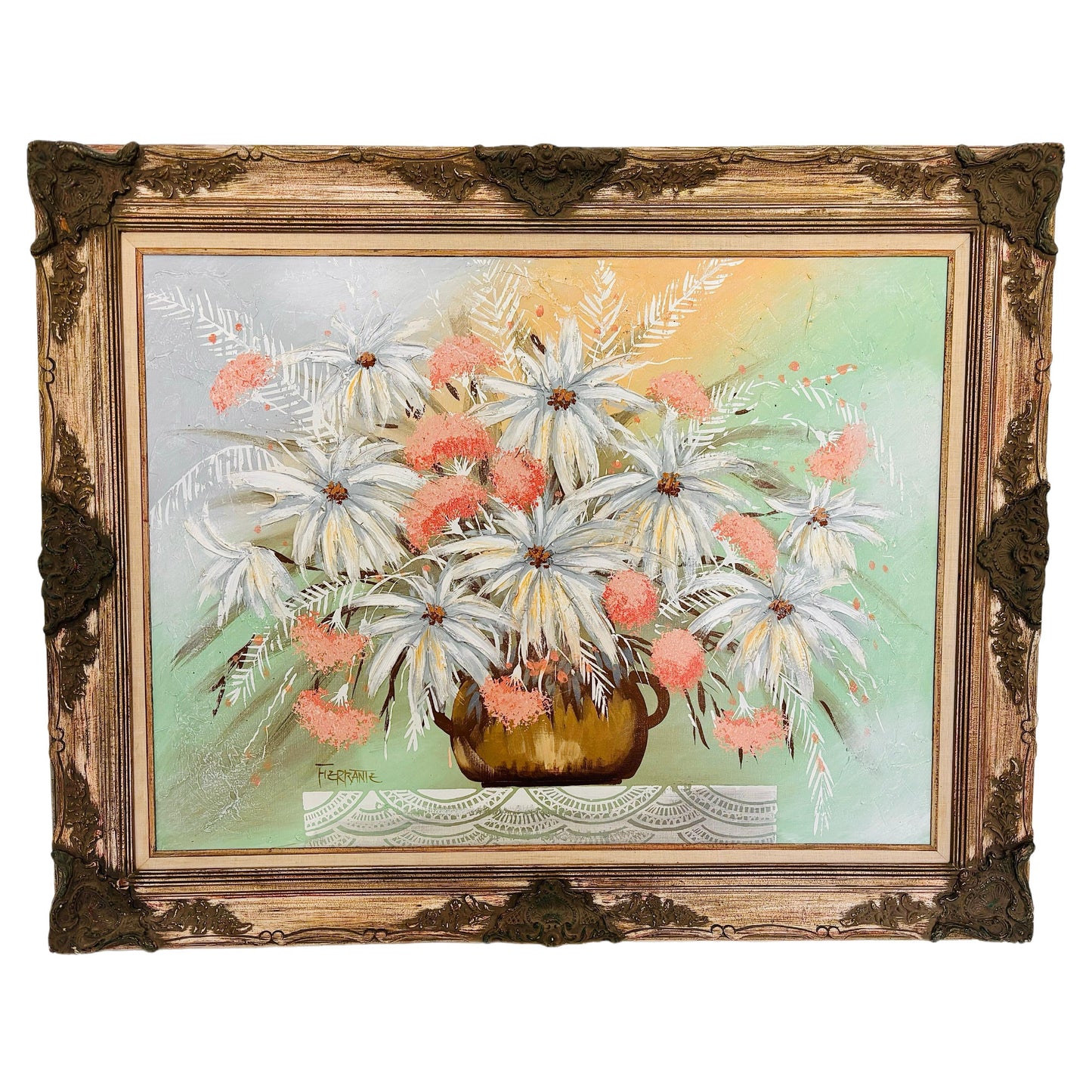Frisman Vintage XL Mid Century Modern Elaborately Framed Ferrante Dramatic Flower Still Life