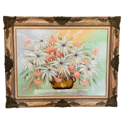 Frisman Vintage XL Mid Century Modern Framed Ferrante Dramatic Flower Still Life Oil Painting