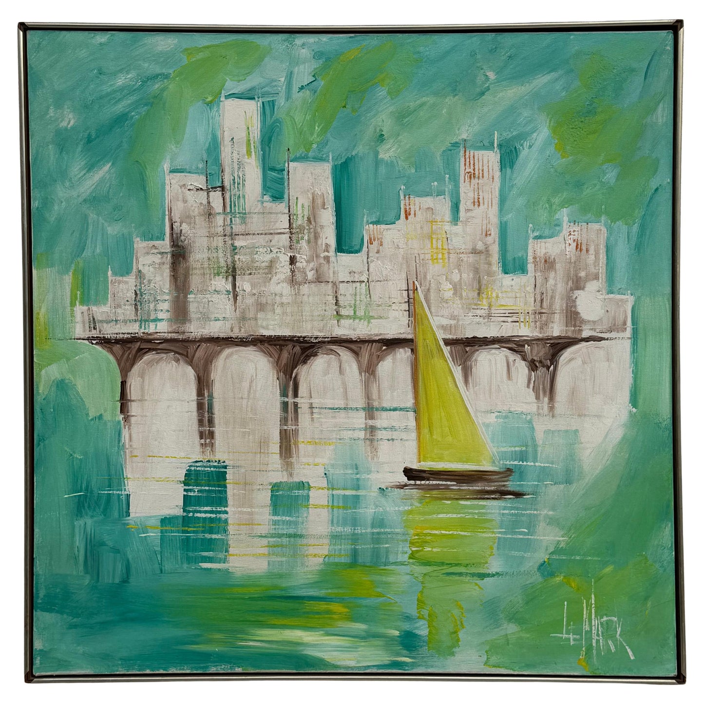 Frisman Vintage A Nautical Painting By Le Mark Harbor Scene Mid Century Aqua Blue