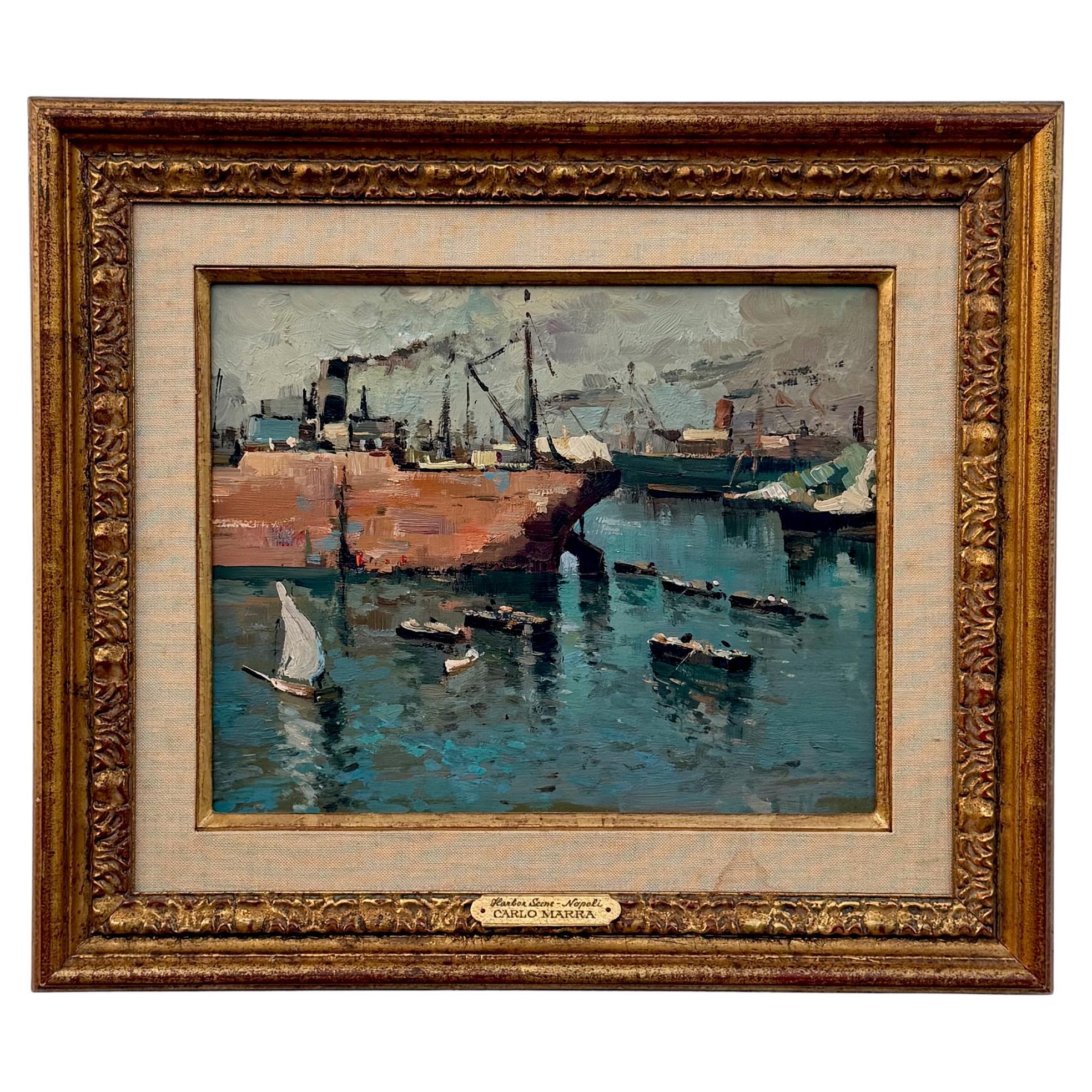 ORIGNIAL Enrico Varriale 夏のアマルフィー港　油彩 Frisman Vintage: A Vintage Painting By Italian Artist Carlo Marra