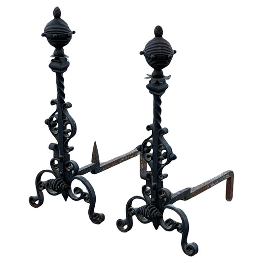 Frisman Vintage Large Decorative Wrought Iron Andirons ca' 1930's