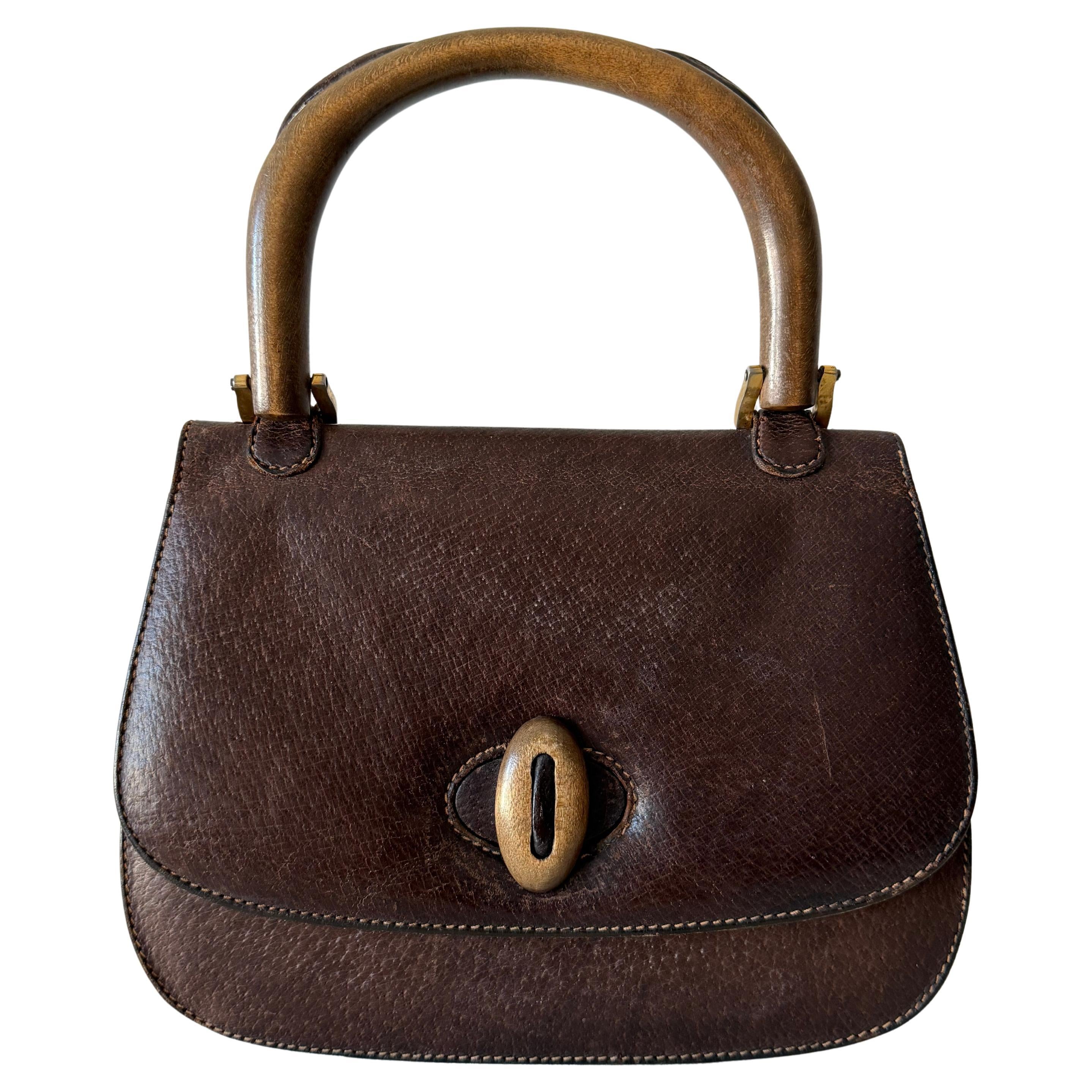 バッグ Rare GUCCI Leather Wood Handle Tote Bag Frisman Vintage: GUCCI Vintage 70s Brown Leather Handbag Wood