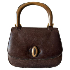 GUCCI Vintage 70s Brown Leather Handbag Wood Handle Bag Rare