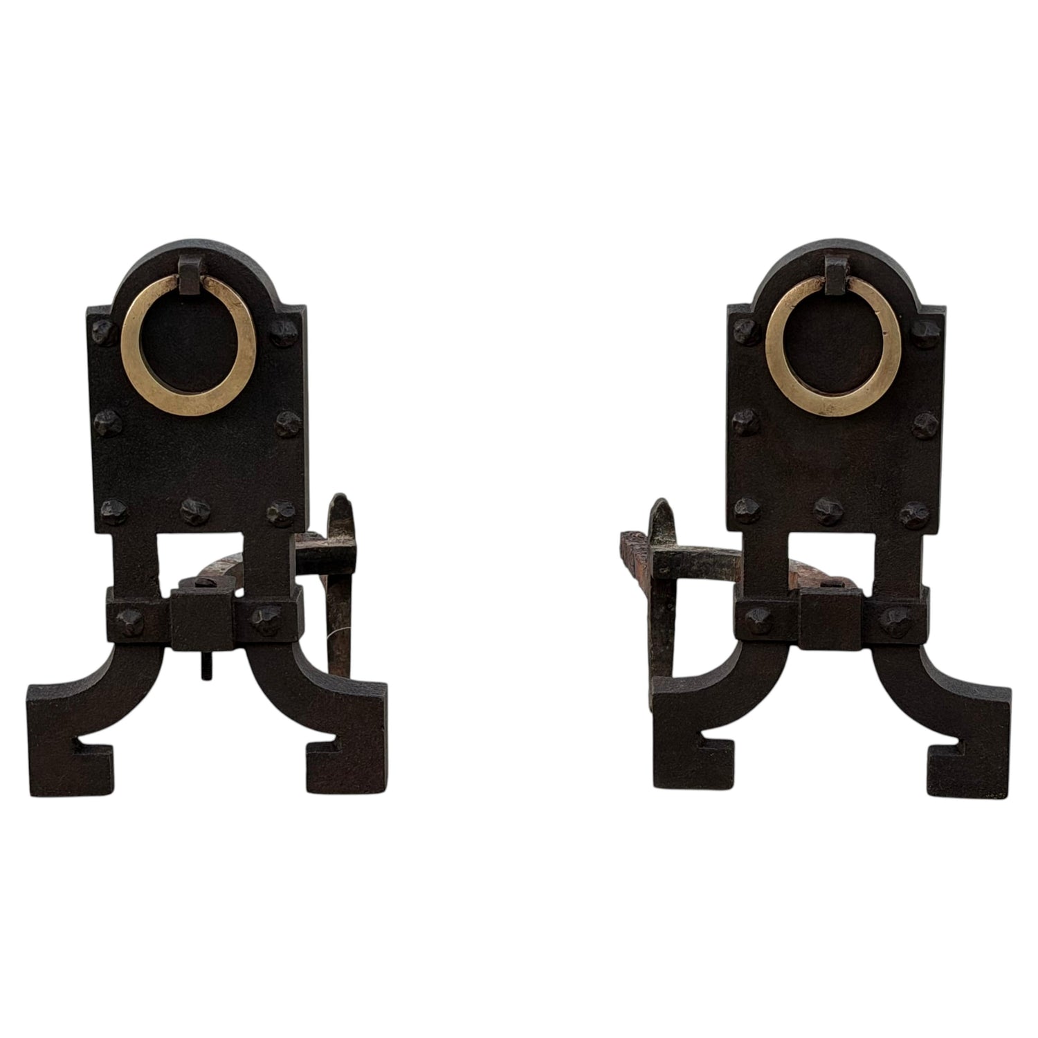 Frisman Vintage A Pair Of Unusual Andirons ca' 1920's Cast Iron Brass Rings