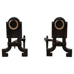 A Pair Of Unusual Andirons ca' 1920's Cast Iron Brass Rings