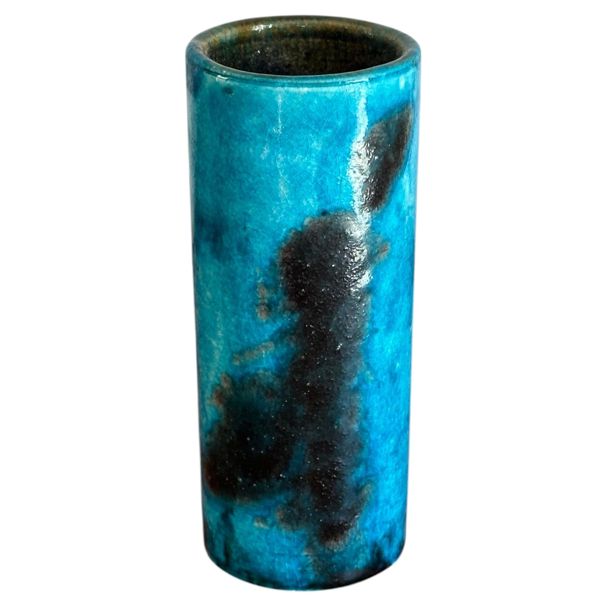 Frisman Vintage Guido Gambone cylinder vase in blue and black ceramic, Italy