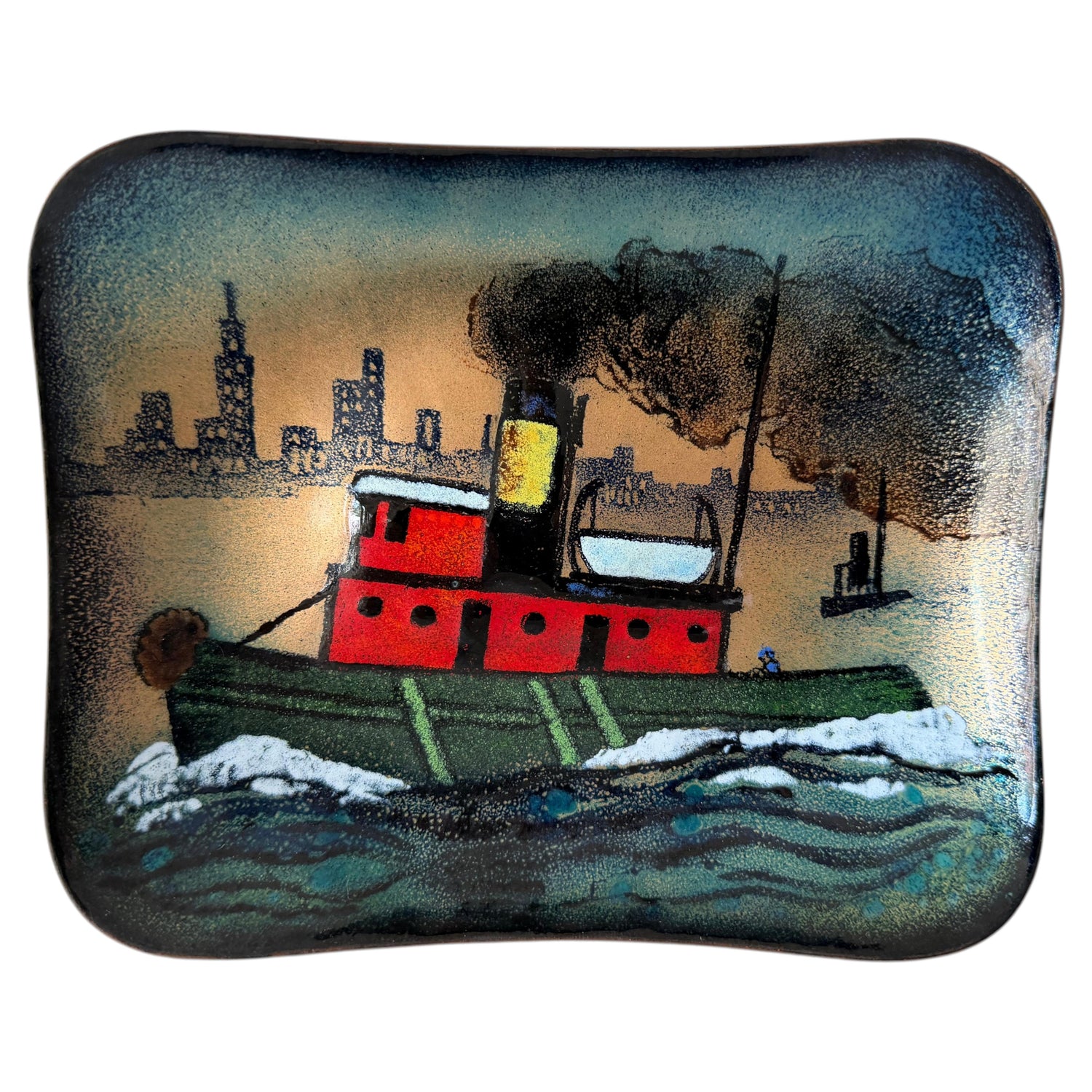 Frisman Vintage Unusual Enamel On Copper Tugboat Cityscape ca' 1950's