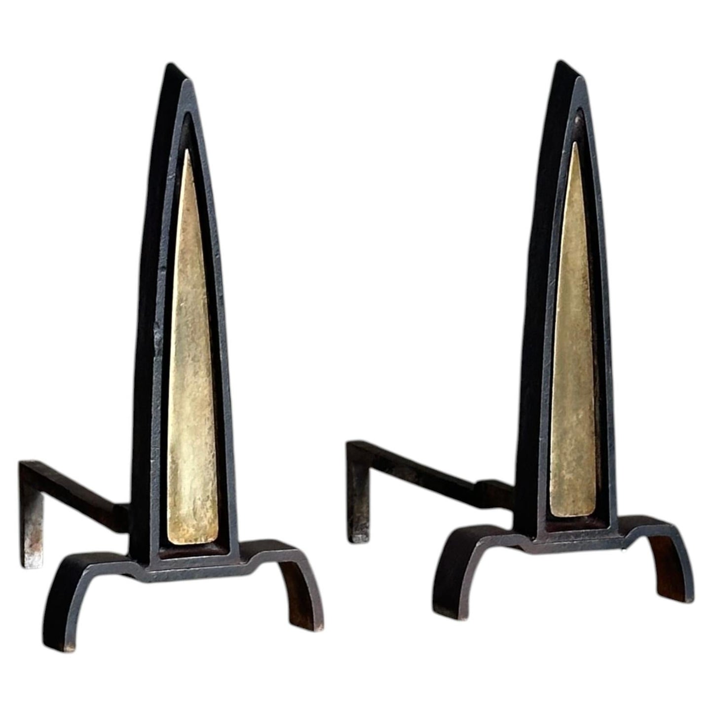 Frisman Vintage 1950s Iron and Brass Andirons Attributed to Donald Deskey- A Pair