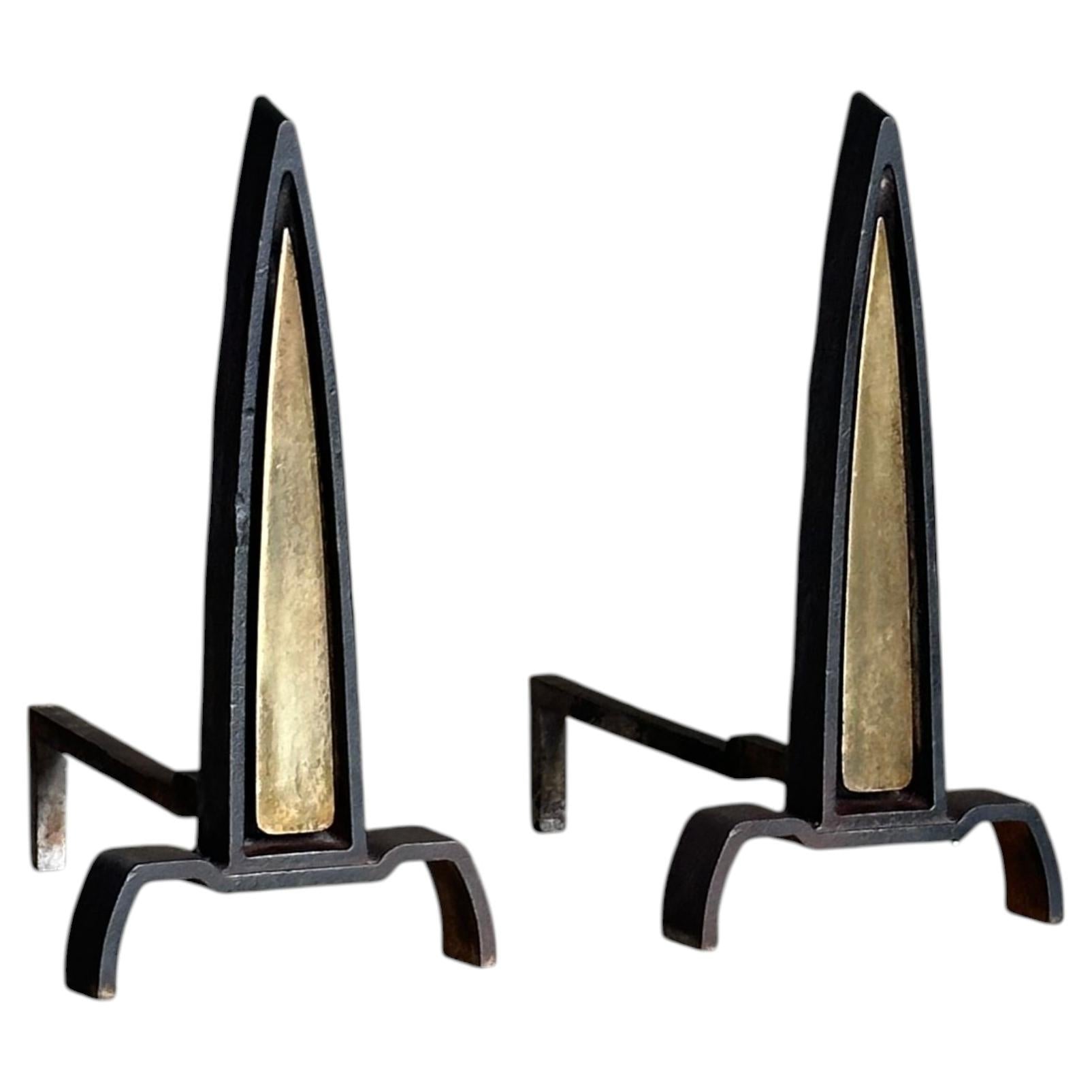 Frisman Vintage 1950s Iron and Brass Andirons Attributed to Donald Deskey- A Pair