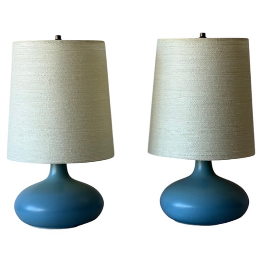 Frisman Vintage A Pair Of Lotte and Gunnar Bostlund Table Lamps in Blue Ceramic Bulbous ca' 1960