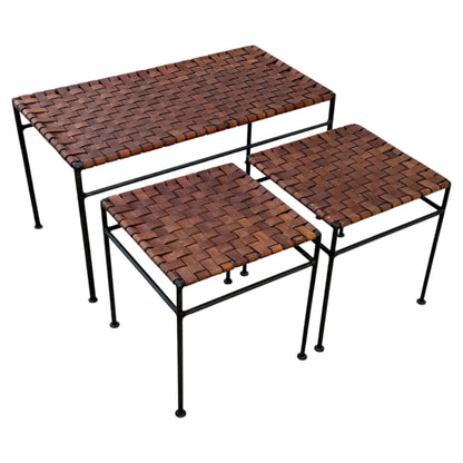 Frisman Vintage A Set Of Stools And Bench Wrought Iron Leather ca' 1980's Patina