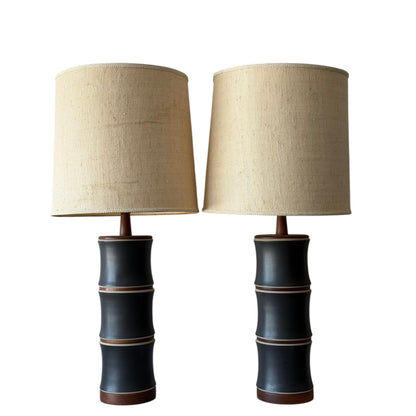 Frisman Vintage A Pair Of Martz Stoneware Walnut Lamps ca' 1960's Unusual