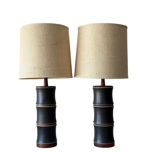 Frisman Vintage A Pair Of Martz Stoneware Walnut Lamps ca' 1960's Unusual