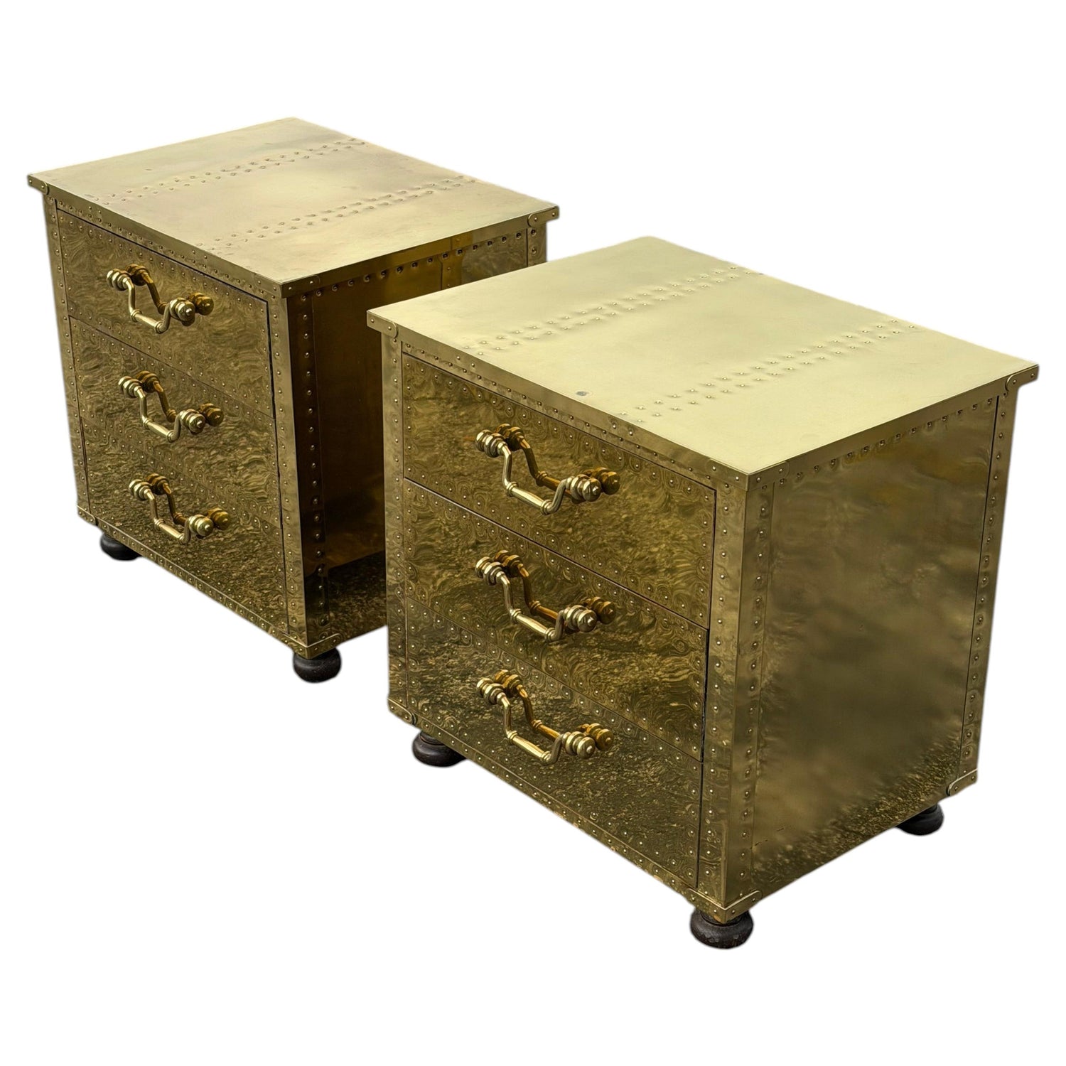 Frisman Vintage A Pair Of Vintage Brass Clad Small Chests of Drawers by Sarreid of Spain