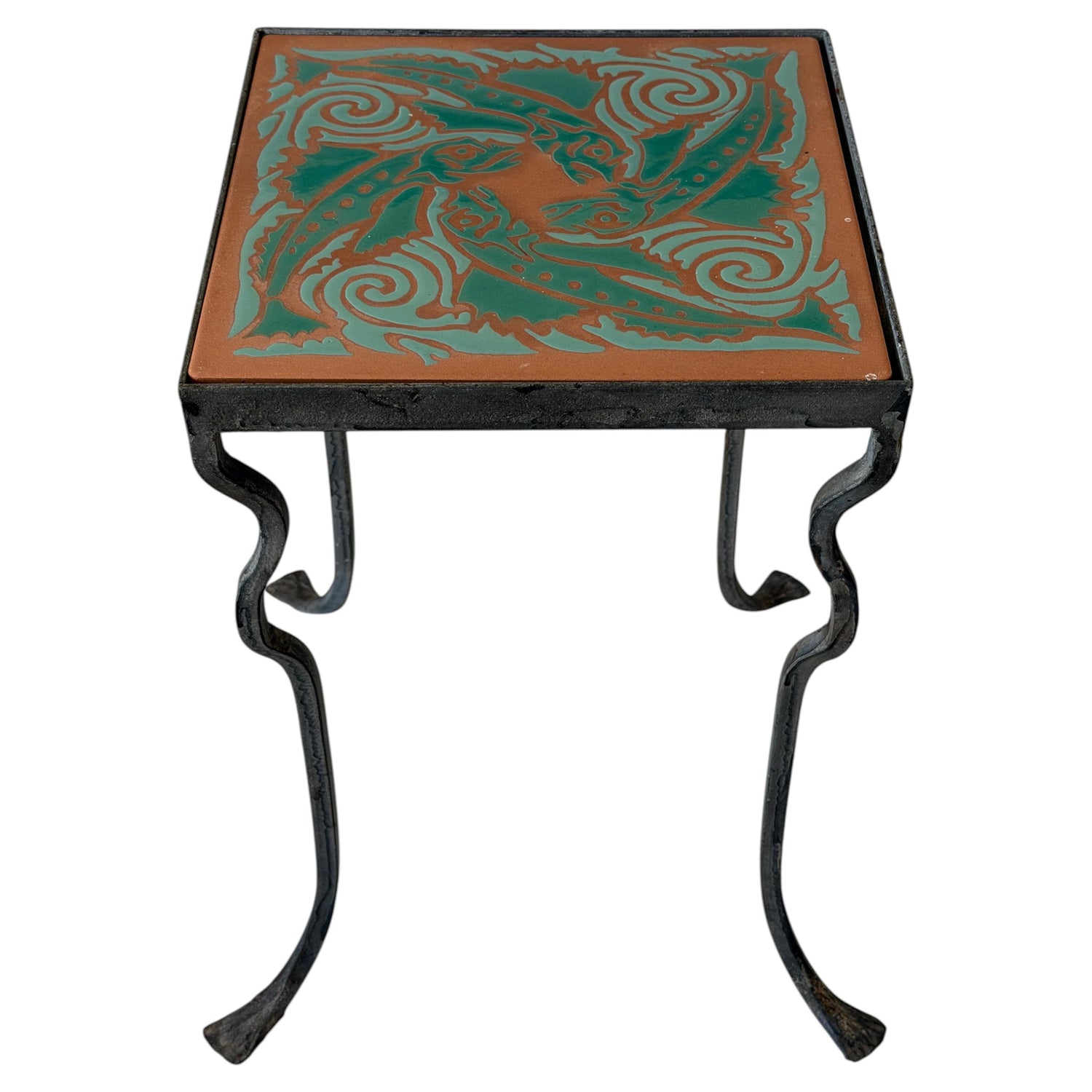 Frisman Vintage Unusual Iron Table By Kreissle Forge ca' 1940's Ceramic Top Stylized Fish Design
