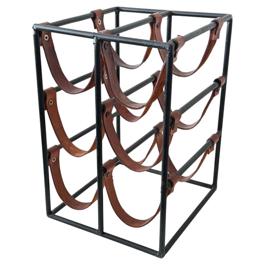 Frisman Vintage Wrought Iron and Leather Wine Rack by Arthur Umanoff ca' 1960's