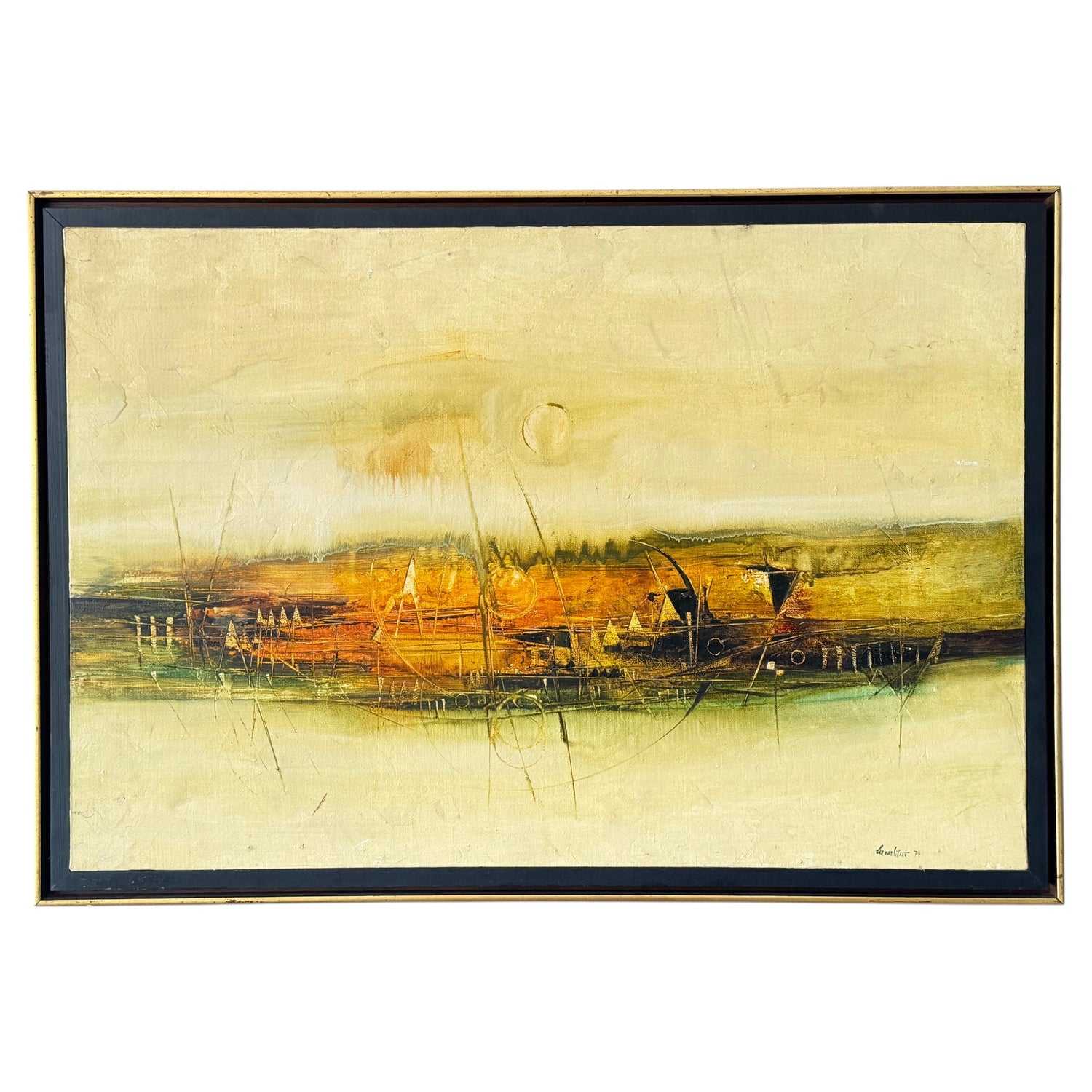 Frisman Vintage Frank Carmelitano Landscape Painting 1974 MCM Abstract Oil On Canvas