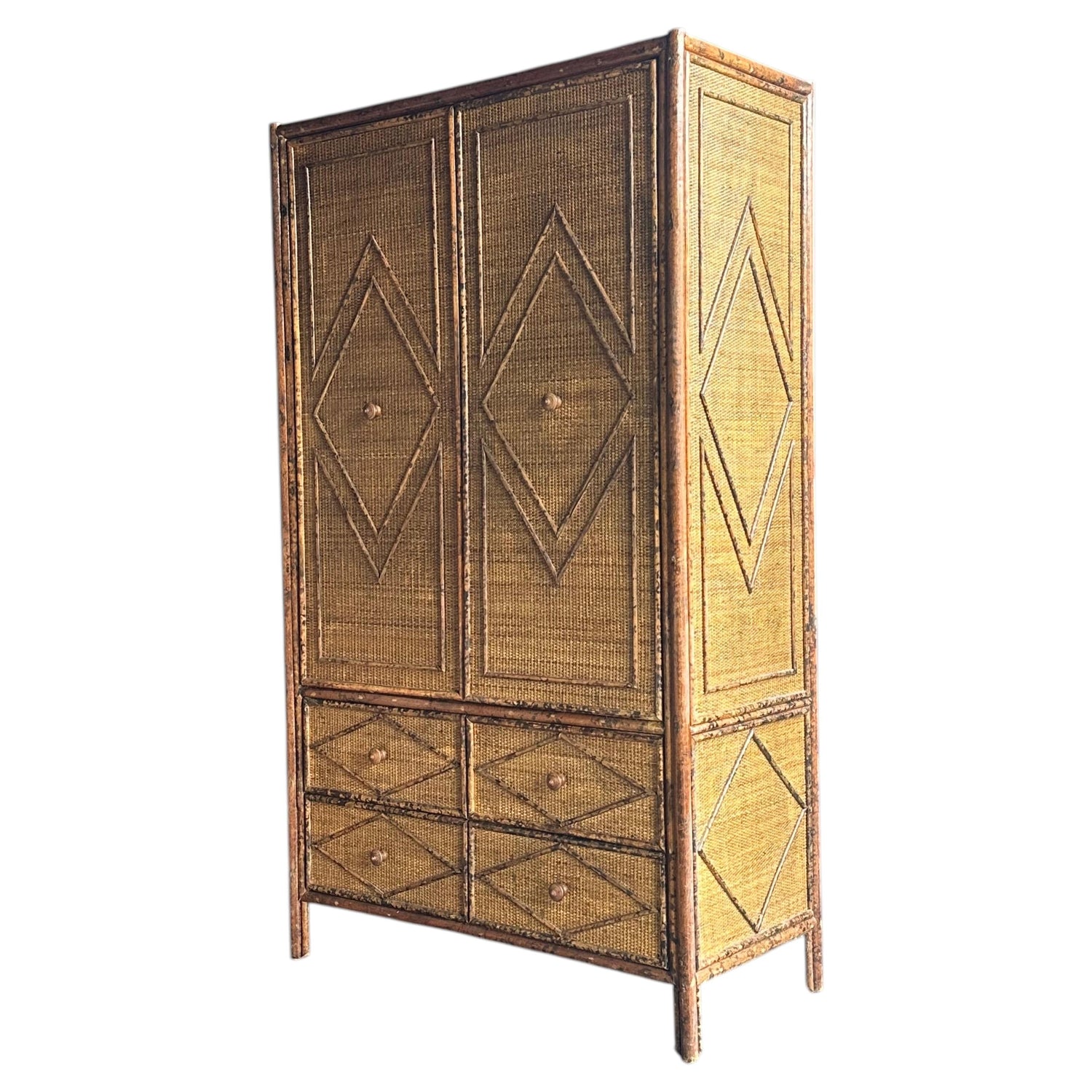Frisman Vintage 1980s Tortoiseshell Bamboo & Rattan Wardrobe Attr to Ralph Lauren Bloomingdales