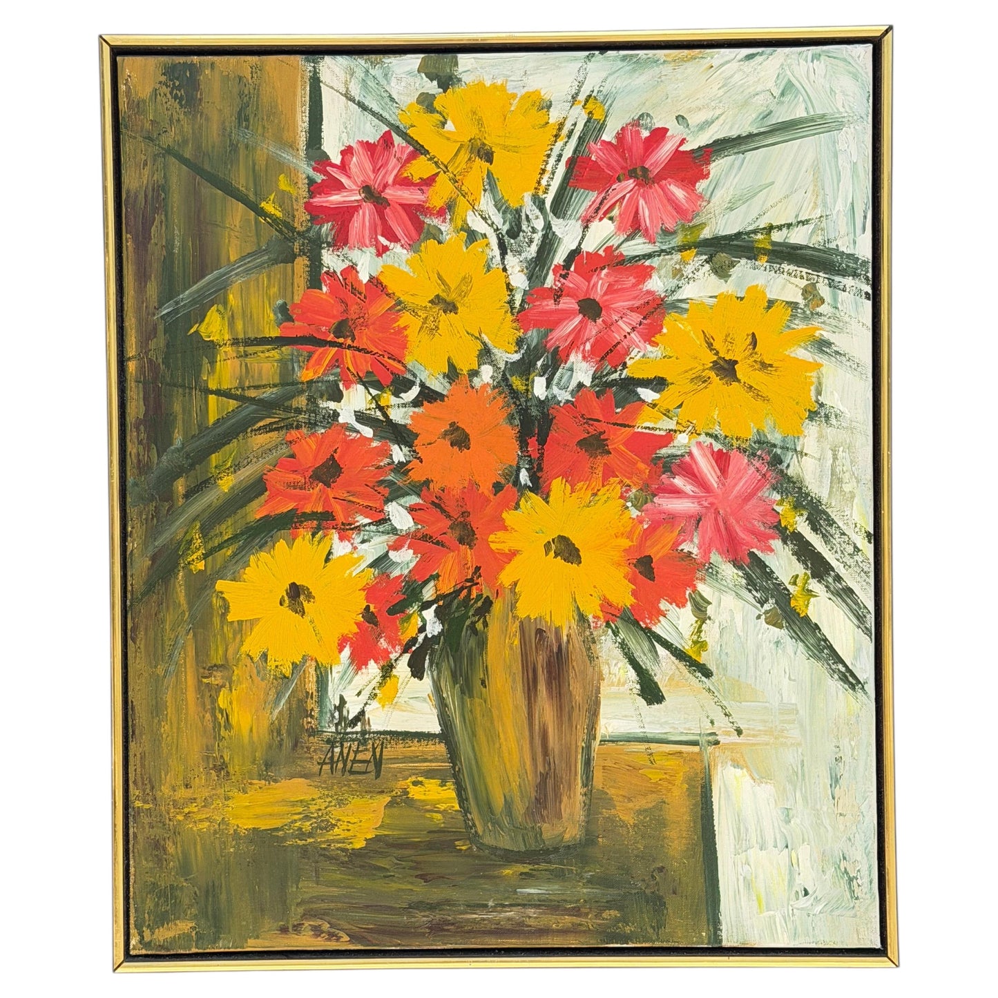 Frisman Vintage Oil Painting Expressionist ca' 1960's Flowers Mid Century