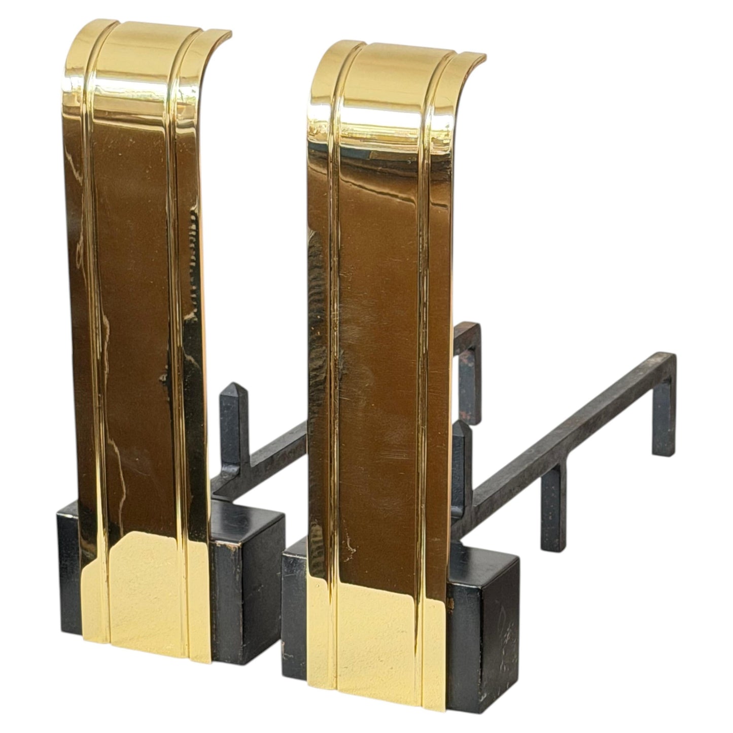 Frisman Vintage Art Deco Polished Brass Large Andirons ca' 1950's