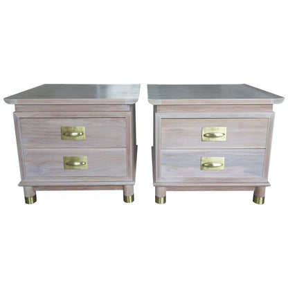 Pair of Elegant Chinese Style Nightstands with Polished Brass Hardware