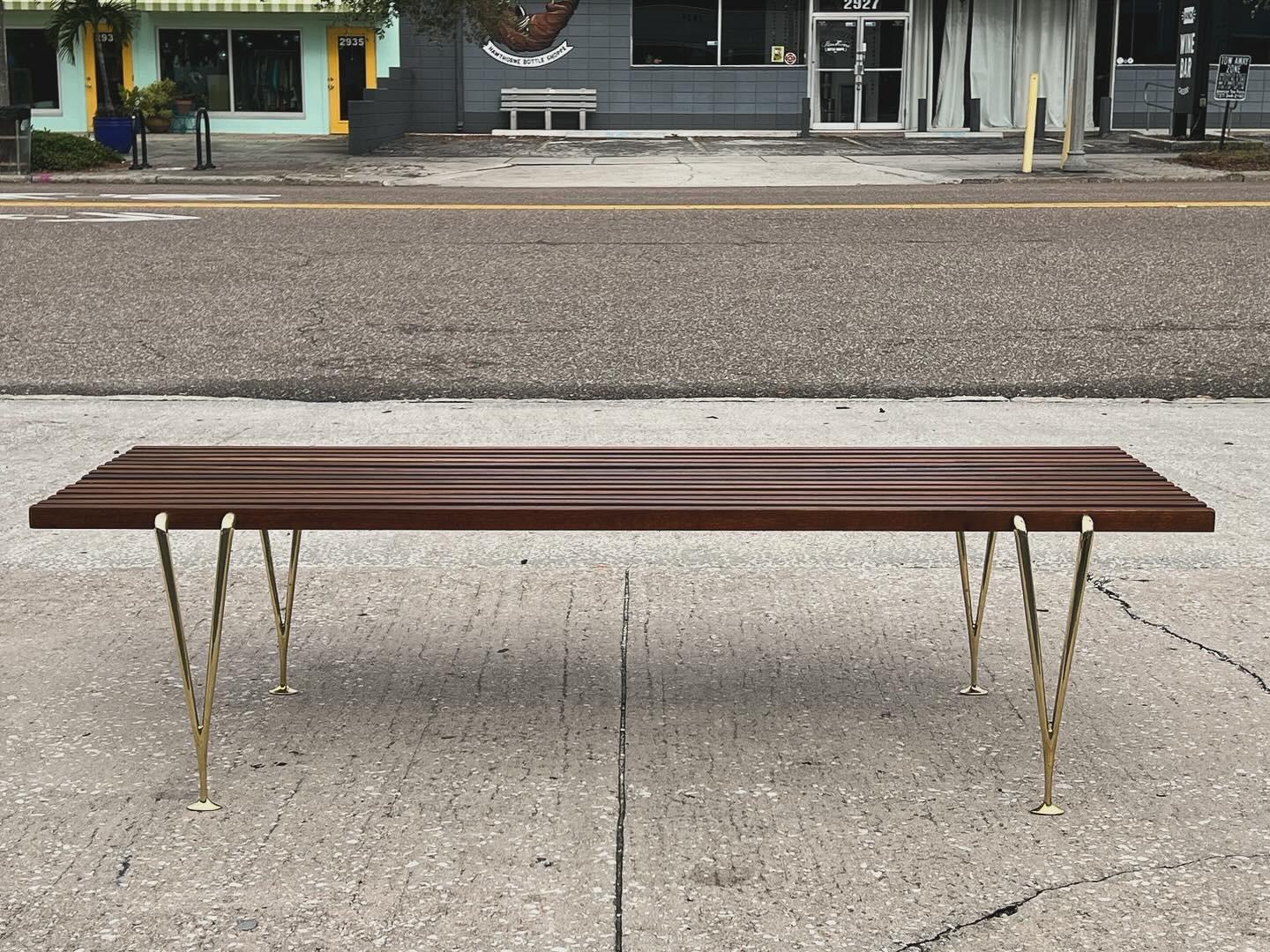 A Classic Hugh Acton Slat Bench With Solid Brass Legs ca' 1950's