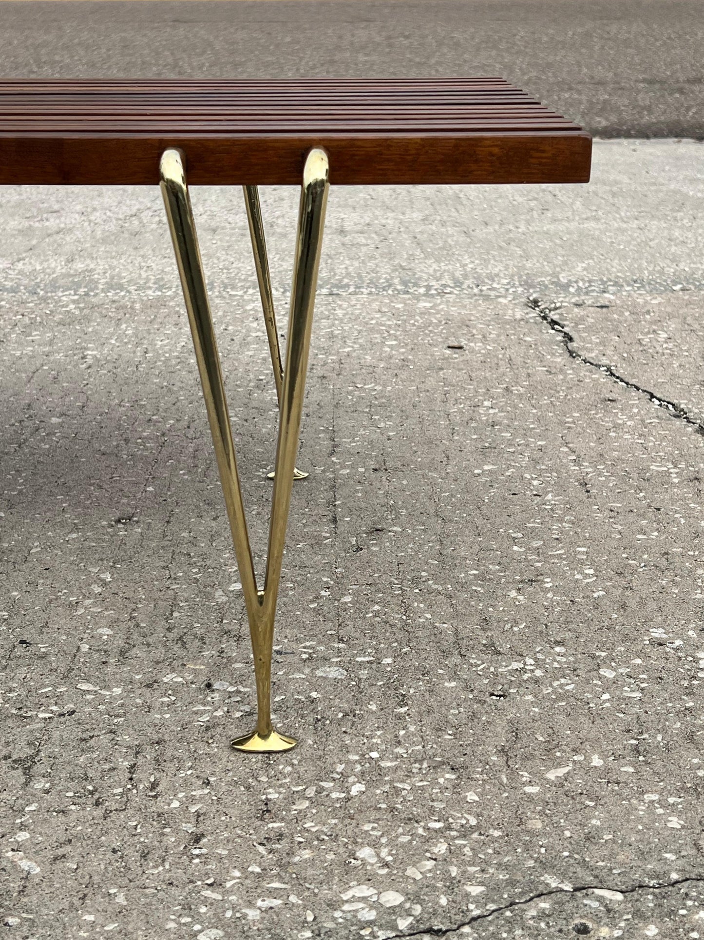 A Classic Hugh Acton Slat Bench With Solid Brass Legs ca' 1950's