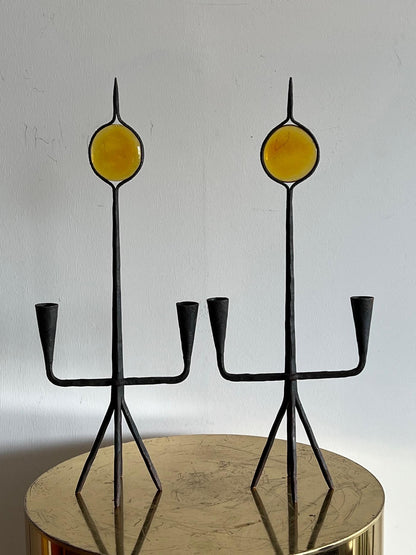 Modernist Candle Holders Kosta Boda Amber Glass