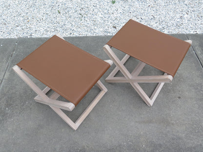 Oak Stools with Stitched Leather Tops