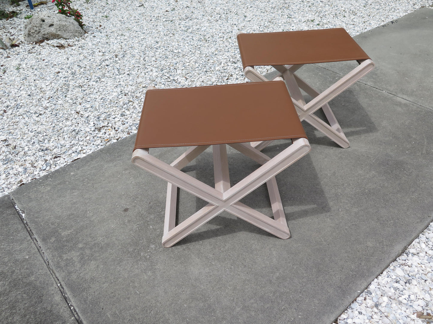 Oak Stools with Stitched Leather Tops