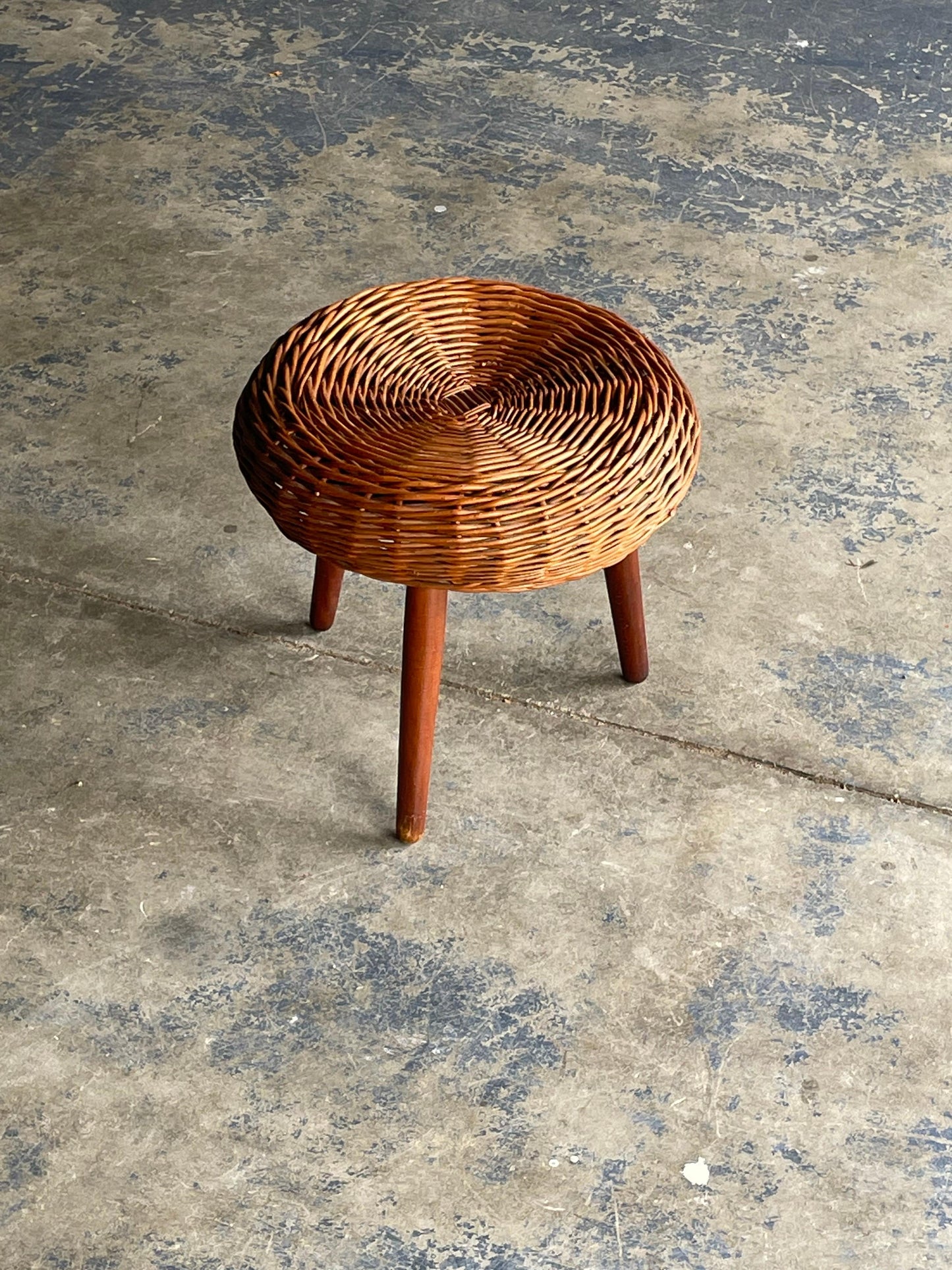 Tony Paul Attributed Tripod Stool or table, Rattan and Wood