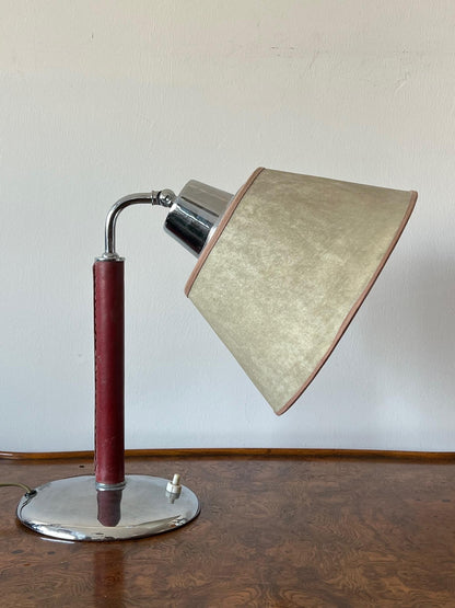 Elegant Desk Lamp in Red Leather and Parchment Shade