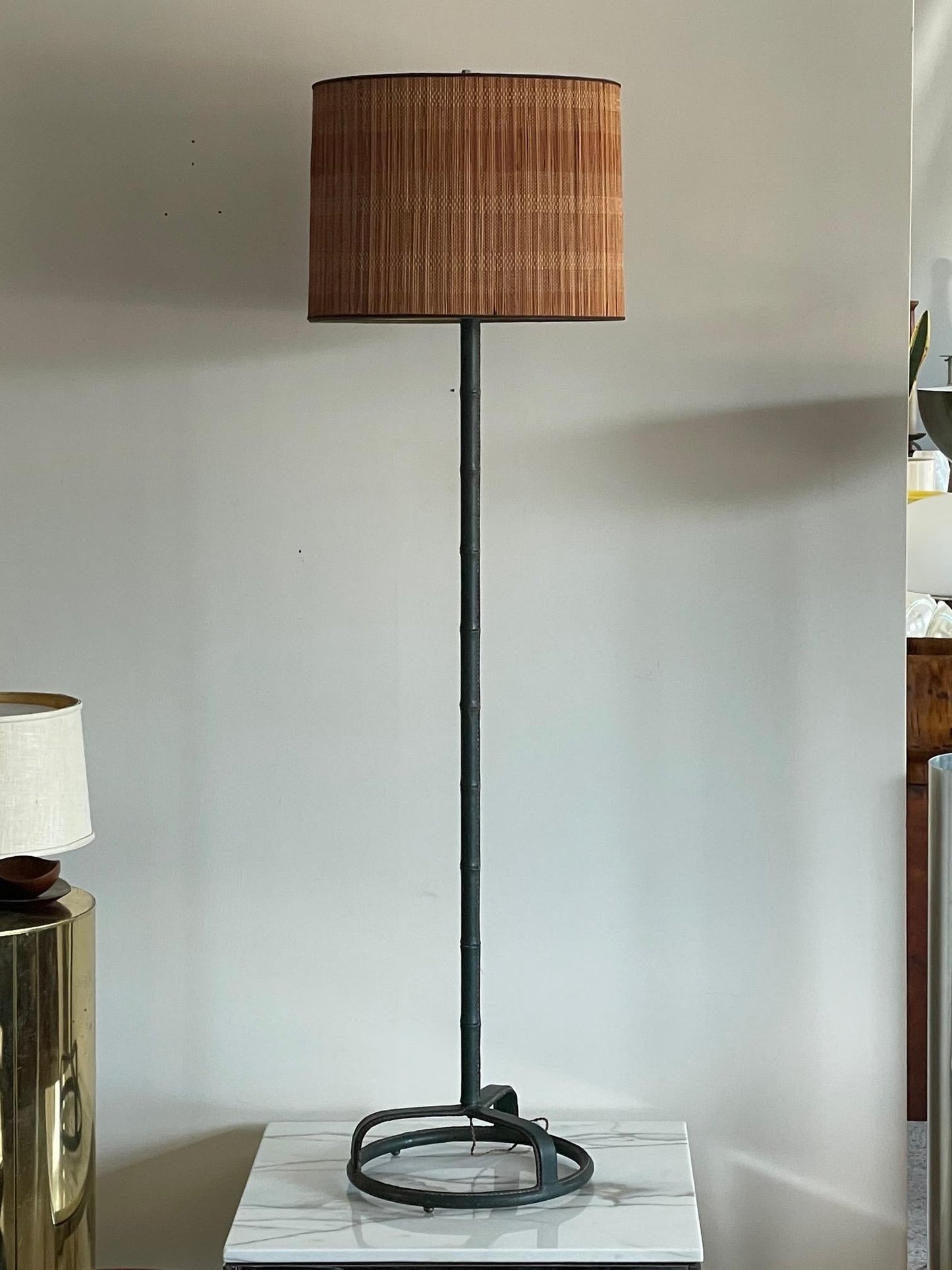 A Jacques Adnet Floorlamp in Original Green Leather