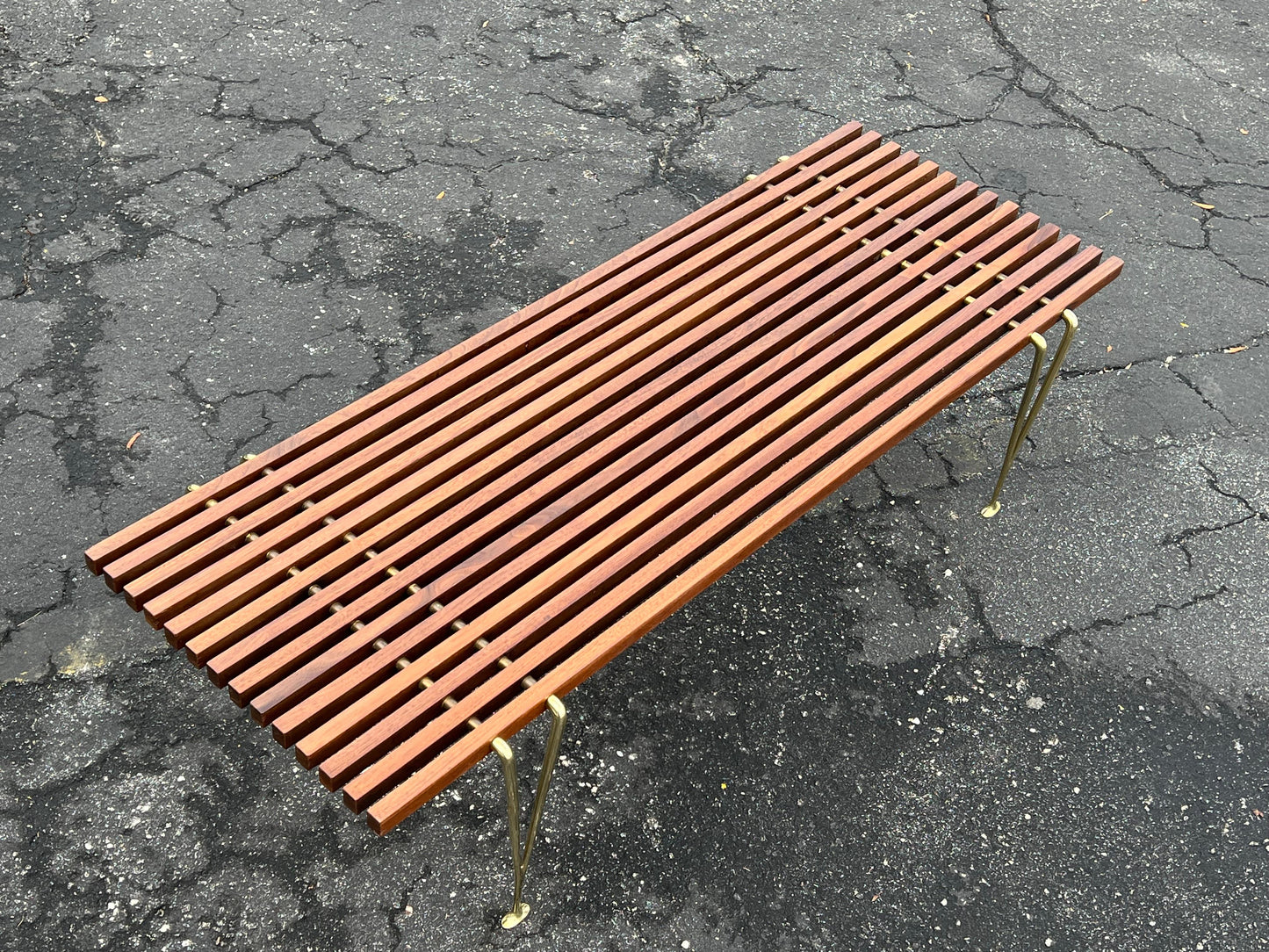 A Classic Hugh Acton Slat Bench With Solid Brass Legs ca' 1950's