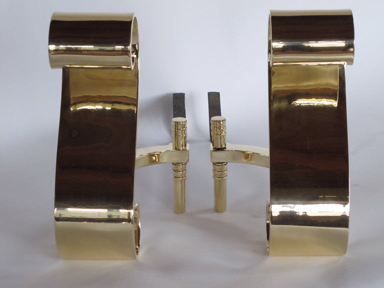 A Pair of Polished Scroll Brass Andirons