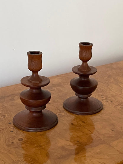 Modernist Signed Turned Wood Candle Holders, 1978