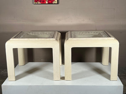 Pair of Post Modern Reed Tables Unusual Stone and Brass Tops