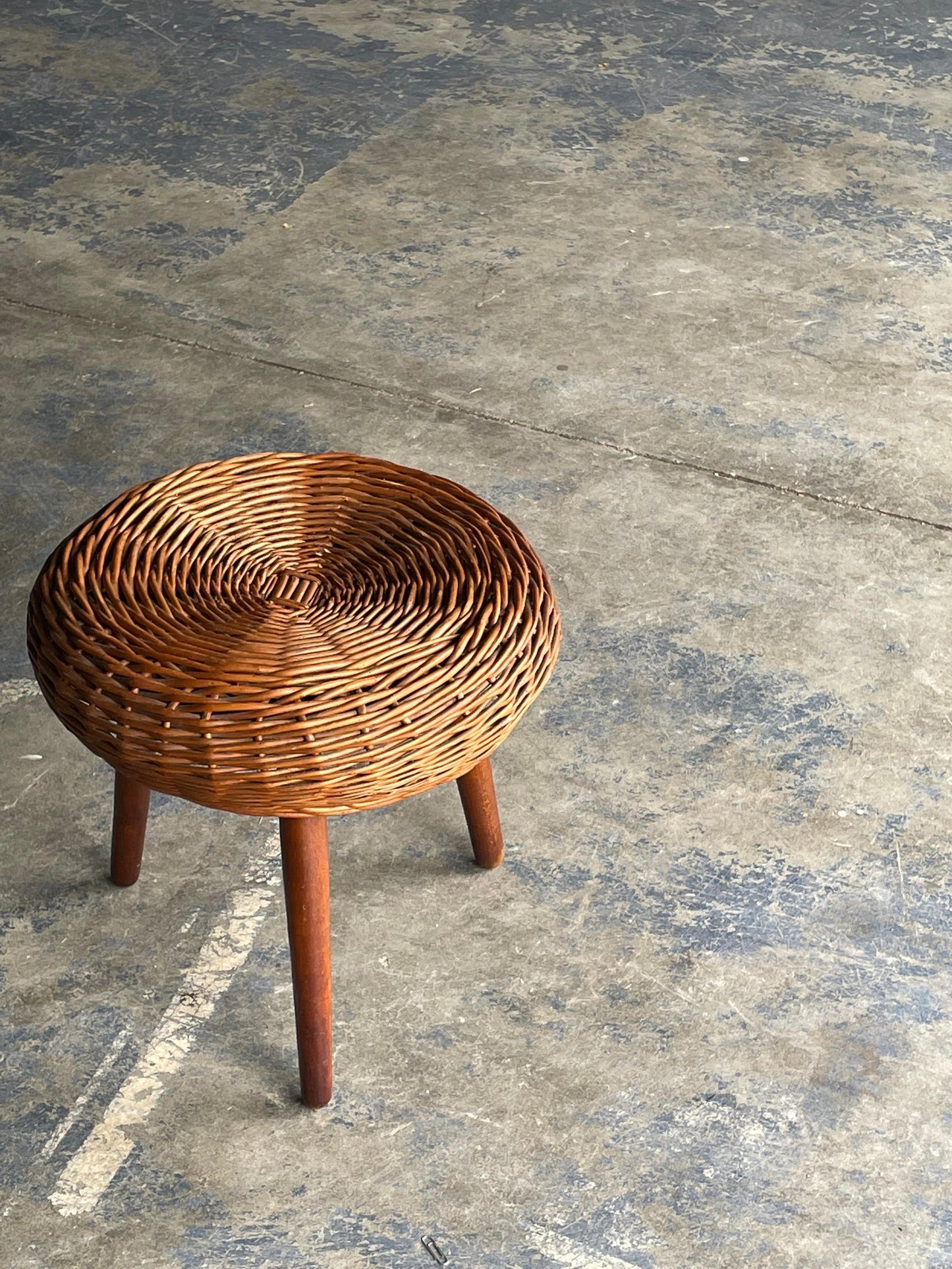 Tony Paul Attributed Tripod Stool or table, Rattan and Wood