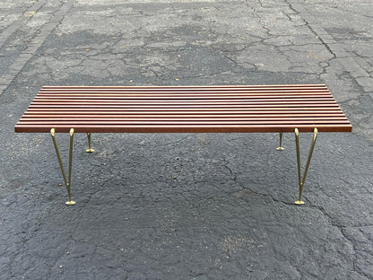 A Classic Hugh Acton Slat Bench With Solid Brass Legs ca' 1950's