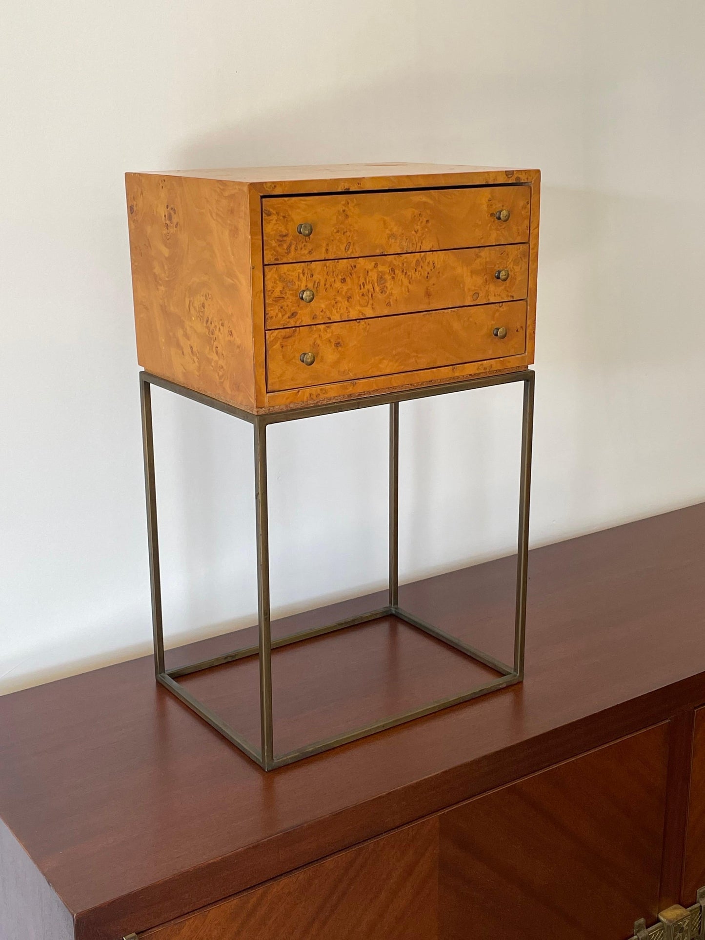 Petite Jewelry Chest in Bronze and Burl, Style of Milo Baughman