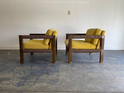 Modernist Club Chairs, Brass and Rush Cord