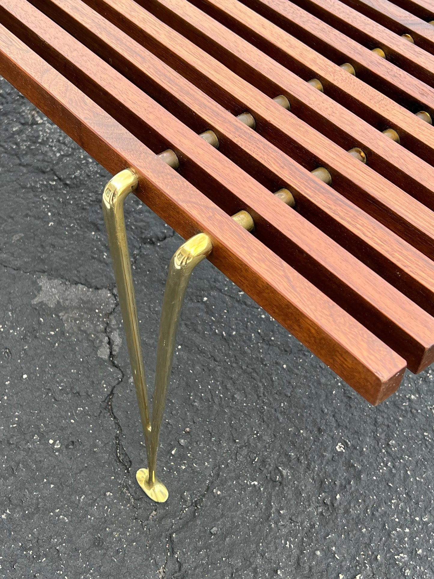 A Classic Hugh Acton Slat Bench With Solid Brass Legs ca' 1950's