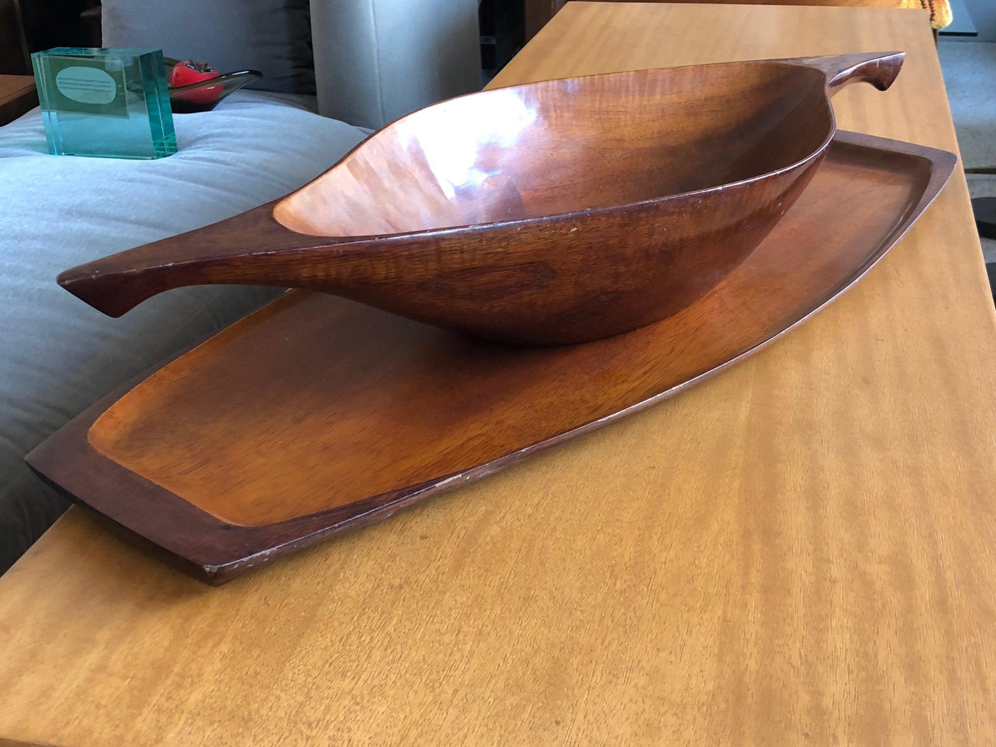 Unusual Carved Mahogany Bowl with Tray