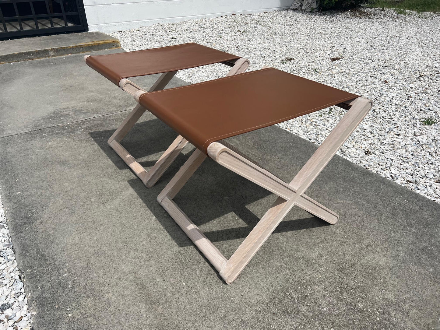 Oak Stools with Stitched Leather Tops