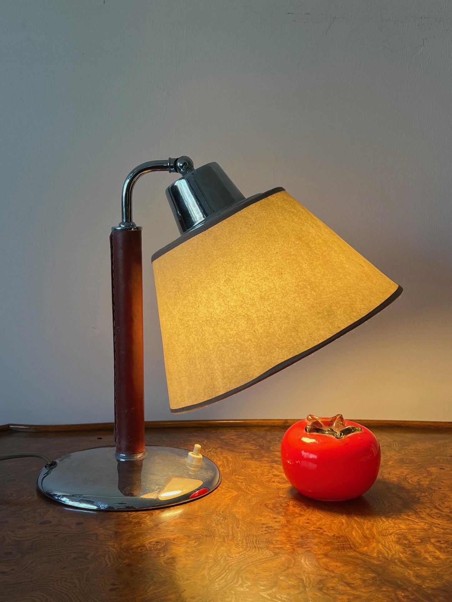 Elegant Desk Lamp in Red Leather and Parchment Shade