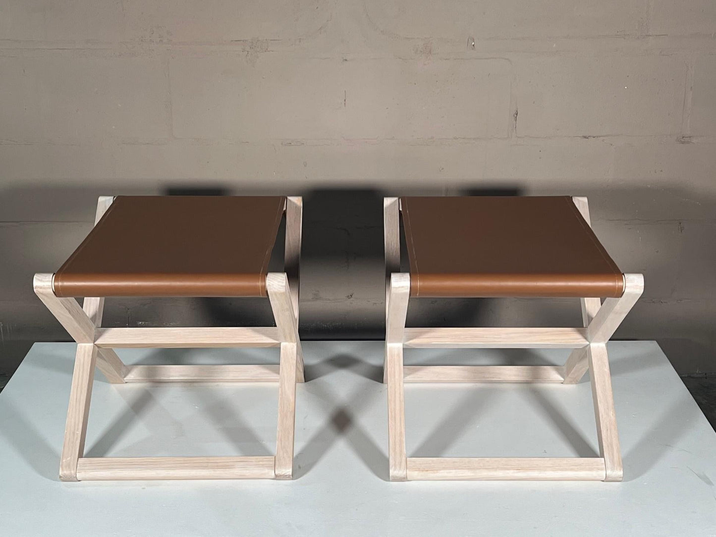 Oak Stools with Stitched Leather Tops